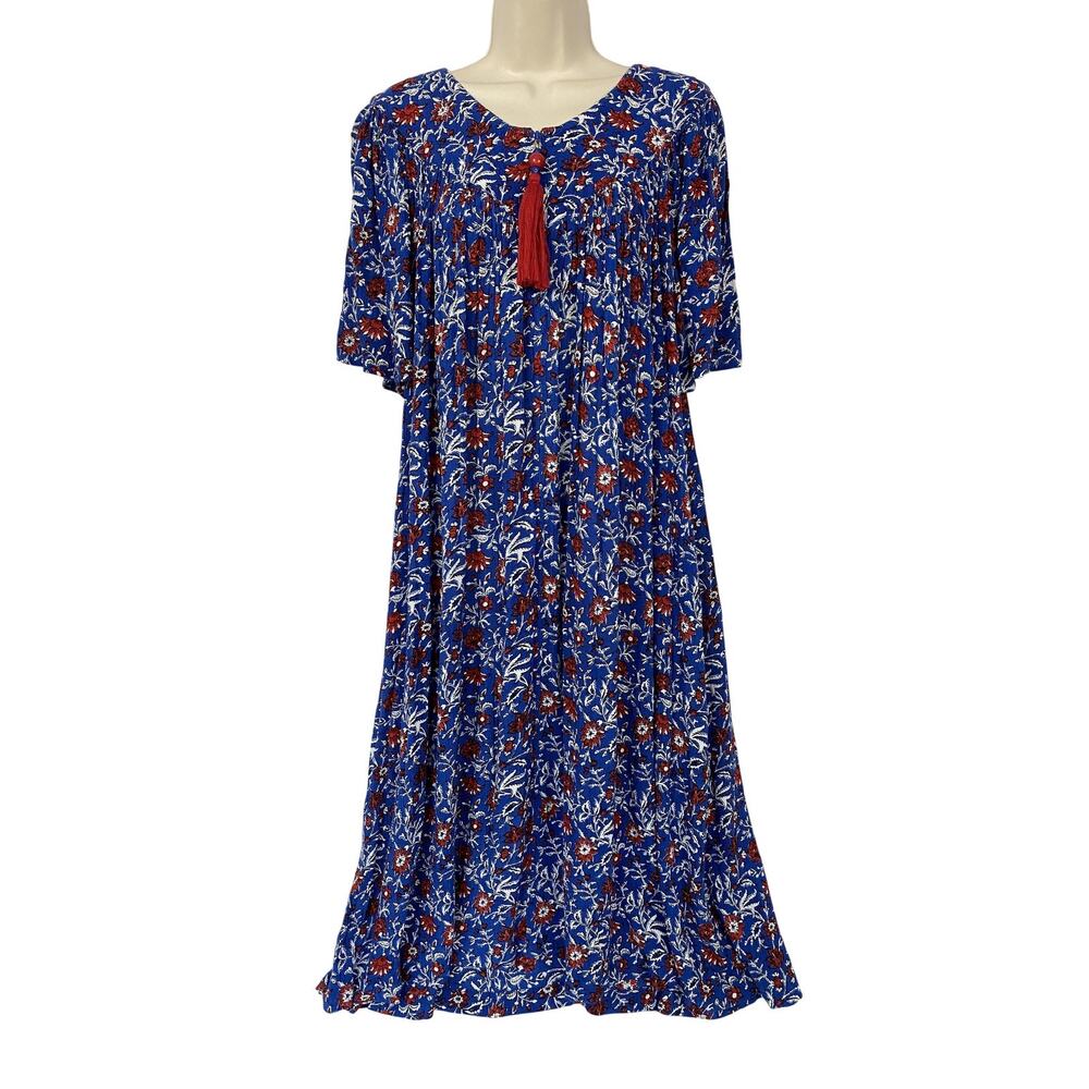 Go Softly Patio Dress Womens Medium Blue Floral Kaftan Zip Tassel Pockets Muu